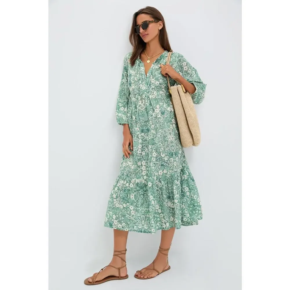 TUCKERNUCK BEACH Misty Jade Blossom Long Sleeve Salty Paloma Caftan Size XS NWT - Picture 5 of 6